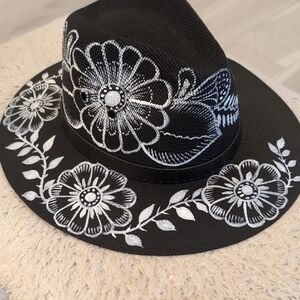 Floral Hand painted Black and White Fedora
